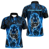 Maxcorners Custom Black And Blue Flame Tiger Bowling Team Polo Shirts For Men, Fire Bowling Jerseys