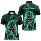 Maxcorners Custom Black And Green Flame Tiger Bowling Team Polo Shirts For Men, Fire Bowling Jerseys
