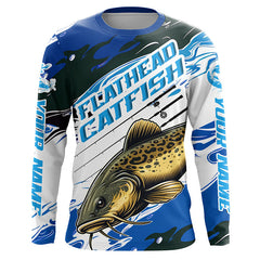 Maxcorners Custom Flathead Catfish Fishing Jerseys, Catfish Long Sleeve Tournament Fishing Shirts | Blue Camo LM2408