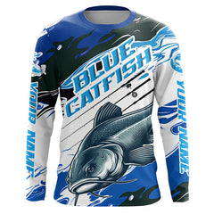 Maxcorners Custom Blue Catfish Fishing Jerseys, Catfish Long Sleeve Tournament Fishing Shirts | Blue Camo LM2408