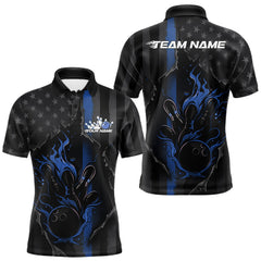Maxcorners Custom Blue Thin Line American Flag Patriotic Flame Bowling Team Men Polo Shirts LM2711