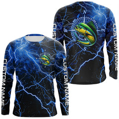Maxcorners Black And Blue Thunder Lightning Mahi Mahi Fishing Custom Long Sleeve Saltwater Fishing Shirts LM2408