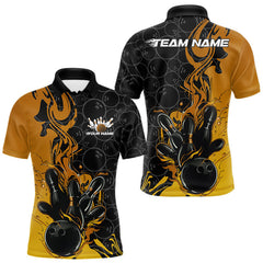 Maxcorners Custom Black And Gold Flame Bowling Team Men Polo Shirts, Yellow Bowling League Shirt LM2711