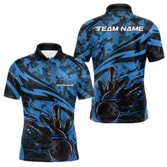 Maxcorners Custom Blue Camo Flame Bowling Men Polo Shirts, Camouflage Bowling Team Jerseys TU2912
