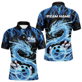 Maxcorners Black And Blue Custom Flame Dragon Bowling Polo Shirts For Men, Dragon Bowling League Shirt