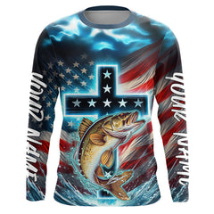 Maxcorners Custom Faith Walleye Patriotic Long Sleeve Tournament Fishing Shirt, Walleye Fishing Jersey LM0607