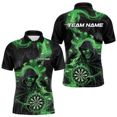 Maxcorners Custom Green Fire Flame Grim Reaper Dart Men Polo Shirts, Dart Team Halloween Outfits MT0410