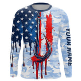 Maxcorners Blue Camo Dripping American Flag Us Fish Hook Custom Long Sleeve Patriotic Fishing Shirts