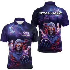 Maxcorners Custom Red And Purple Smoke Flame Grim Reaper Bowling Men Polo Shirt, Halloween Outfit LM2509