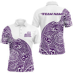 Maxcorners Custom Purple And White Tribal Dragon Men Bowling Polo Shirt, Polynesian Bowling Shirt TU2912