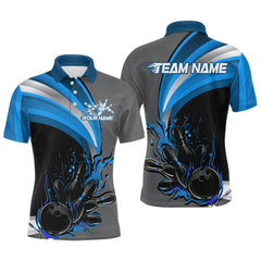 Maxcorners Custom Black, Blue And Gray Flame Bowling Polo Shirts For Men, Bowling Team League Shirt MT1006