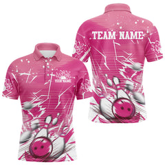 Maxcorners Custom White And Pink Bowling Team Men Polo Shirts, Bowling Ball And Pins Jerseys 9 LM0803
