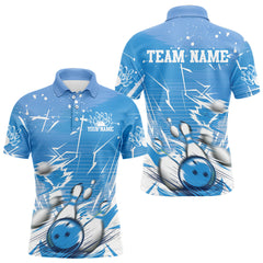 Maxcorners Custom White And Blue Bowling Team Men Polo Shirts, Bowling Ball And Pins Jerseys 2 LM0803