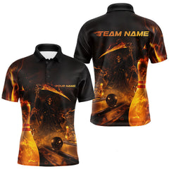 Maxcorners Custom Fire Flame Grim Reaper Bowling Polo Shirts For Men, Halloween Bowlers Outfit TU1908