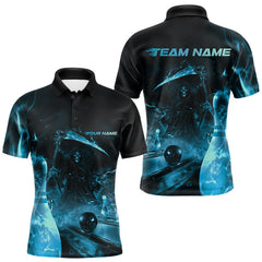 Maxcorners Custom Blue Fire Flame Grim Reaper Bowling Polo Shirts For Men, Halloween Bowlers Outfit TU1908