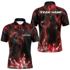 Maxcorners Custom Red Flame Grim Reaper Bowling Polo Shirts For Men, Halloween Bowling Outfit TU1908