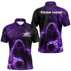 Maxcorners Custom Black And Purple Smoke Flame Grim Reaper Halloween Bowling Men Polo Shirts TU1908