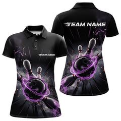 Maxcorners Custom Galaxy Purple Flame Bowling Polo Shirt For Men, Bowling League Team Uniform LM2707