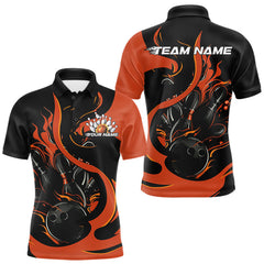 Maxcorners Custom Black And Orange Flame Bowling Polo Shirts For Men, Bowling Tournament Team Uniform LM0706
