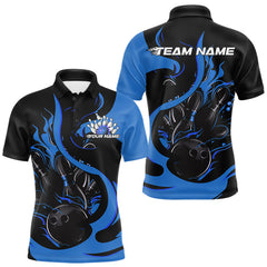 Maxcorners Custom Black And Blue Flame Bowling Polo Shirts For Men, Bowling Tournament Team Uniform LM0706
