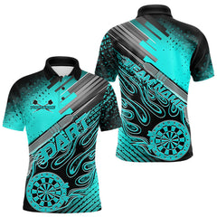 Maxcorners Custom Black And Turquoise Blue Flame Dartboard Dart Polo Shirts For Men, Dart Uniform TU1208