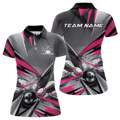 Maxcorners Custom Pink And Gray Bowling Polo Team Shirts For Men, Bowler Outfit Bowling League Shirt LM2707