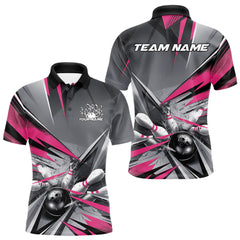 Maxcorners Custom Pink And Gray Bowling Polo Team Shirts For Men, Bowler Outfit Bowling League Shirt LM2707