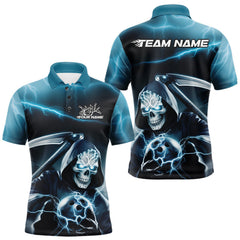 Maxcorners Custom Blue Lightning Grim Reaper Bowling Polo Shirts For Men, Halloween Bowling Jerseys LM1809