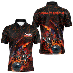 Maxcorners Custom Patriotic Flame Men Bowling Team Shirts, US Flag Bowling League Team Shirt LM0412