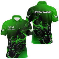 Maxcorners Custom Black And Green Flame Bowling Team Men Polo Shirt, Bowling Tournament Shirt TU1509