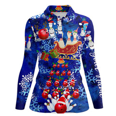 Maxcorners Blue Christmas Pattern Bowling Santa Ball Pins Personalized All Over Printed Shirt For Women