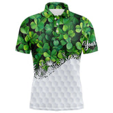 Maxcorners Mens Golf Polo Shirts Custom Green Clover Golf Pattern White St Patrick Day Golf Attire For Mens