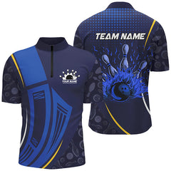 MaxCorners Bowling And Pins Blue Camo Customized Name, Team Name 3D Stand Collar Zipper Polo Shirt For Men