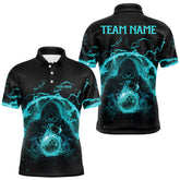 Maxcorners Mens bowling polo, 1/4 zip shirts Custom cyan blue flame skull bowling team jerseys, gift for Bowlers MT0609