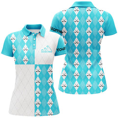 Maxcorners Golf Addicted Women Golf Polo Shirts Custom Cyan Blue And White Golf Ball Clubs Argyle Plaid Pattern