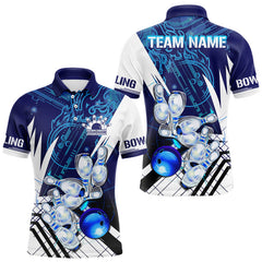 Maxcorners Blue And White Custom Flame Bowling Polo, Quarter-Zip Shirts For Men, Team Bowling League Jersey LM0803