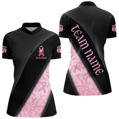 Maxcorners Black and Pink Ribbon Breast cancer Bowling Polo, 1/4 Zip Shirt for Men Custom Bowling Team Jersey