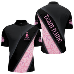 Maxcorners Black and Pink Ribbon Breast cancer Bowling Polo, 1/4 Zip Shirt for Men Custom Bowling Team Jersey
