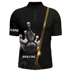 MaxCorners Bowling Ball And Pins Black And Gold Pattern Customized Name, Team Name 3D Stand Collar Zipper Polo Shirt