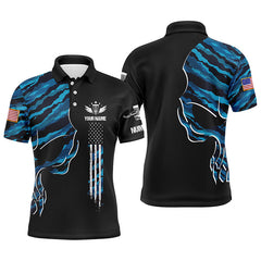 Maxcorners Blue camo skull black US flag custom name, number Men disc golf polo shirts, disco golf outfit for men MT0510