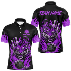 Maxcorners Black and Purple Flame Tiger Bowling Polo, 1/4 Zip Shirts for Men Custom Team Tiger Bowling Jersey