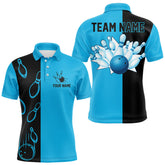 Maxcorners Cyan Blue And Black Retro Vintage Bowling Polo, Quarter Zip Shirts For Men Custom Bowling Team Jerseys