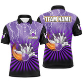 Maxcorners Bowling Ball And Pins Purple Lightning Storm Vintage Customized Name, Team Anme 3D Polo Shirt