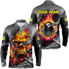 Maxcorners Flame Skull Bowling Jersey Customized Name, Team Name 3D Polo Shirt