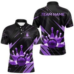 Maxcorners Custom Black and Purple Bowling Polo, Quarter Zip Shirts for Men, Team Bowling League Jersey LM1610
