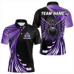 Maxcorners Black And Purple Bowling Ball And Pins Wings Bowling Shirts For Men Custom Team Bowling Jerseys