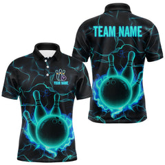 Maxcorners Cyan Blue Flame Bowling Polo, Quarter Zip shirts For Men custom bowling team jerseys Bowler Outfits LM1008