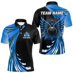 Maxcorners Black and Blue Bowling Ball and Pins wings Bowling Shirts for Men Custom Team Bowling Jerseys TU1908