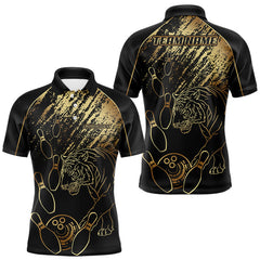 Maxcorners Personalized Black and Gold Tiger Bowling Polo, Quarter Zip Shirts For Men Custom Bowling Team Jersey MT707