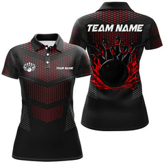 Maxcorners Bowling And Pins Black And Red Strike Customized Name, Team Name 3D Polo Shirt